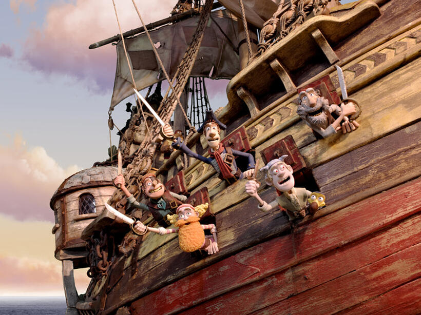 Pirate with Prosthetics, Surprisingly Curvaceous Pirate voiced by Ashley Jensen, Pirate with Scarf voiced by Martin Freeman, Albino Pirate voiced by Russell Tovey and Pirate who plays the Accordian in "Pirates! Band of Misfits."