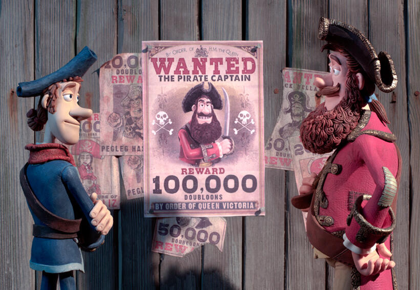 Pirate with a Scarf voiced by Martin Freeman and Pirate Captain voiced by Hugh Grant in "Pirates! Band of Misfits."