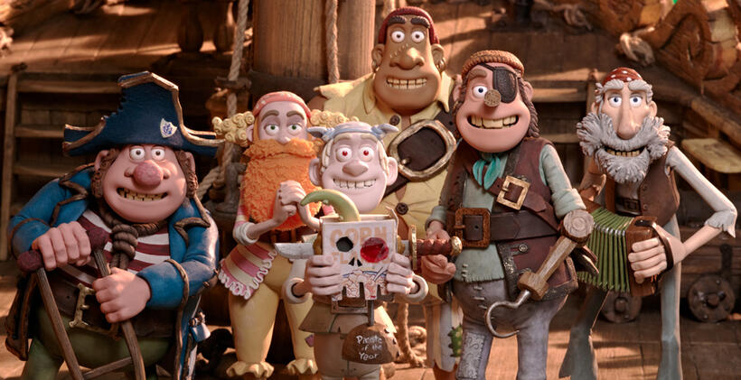 Pirate with Gout voiced by Brendan Gleeson, Surprisingly Curvaceous Pirate voiced by Ashley Jensen, Albino Pirate voiced by Russell Tovey, Pirate who likes Kittens and Sunsets voiced by Al Roker, Pirate with Prosthetics and Pirate with Accordion in "Pirates! Band of Misfits."