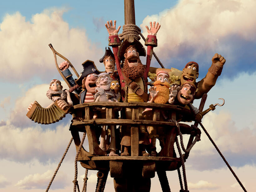 Pirate who plays the Accordian, Pirate with Gout voiced by Brendan Gleeson, Pirate with a Scarf voiced by Martin Freeman, Albino Pirate voiced by Russell Tovey, Polly, the Pirate Captain voiced by Hugh Grant, Surprisingly Curvaceous Pirate voiced by Ashley Jensen, Pirate who likes Sunsets and Kittens voiced Lenny Henry and Pirate with Prosthetics in "Pirates! Band of Misfits."