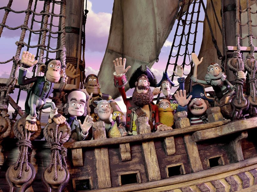 Mr. Bobo, Charles Darwin voiced by David Tennant, Pirate who likes Sunsets and Kittens voiced by Al Roker , Albino Pirate voiced by Russell Tovey, Polly, the Pirate Captain voiced by Hugh Grant, Surprisingly Curvaceous Pirate voiced by Ashley Jensen, Pirate with a Scarf voiced Martin Freeman, Pirate with Gout voiced by Brendan Gleeson and Pirate who plays the Accordian in "Pirates! Band of Misfits."