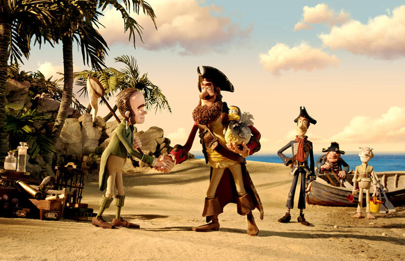 Darwin voiced by David Tennant, Pirate Captain voiced by Hugh Grant, Pirate with Scarf voiced by Martin Freeman, Pirate with Gout voiced by Brendan Gleeson and Albino Pirate in "Pirates! Band of Misfits."