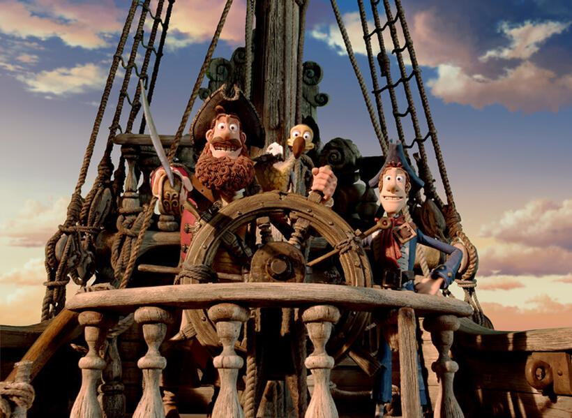 The Pirate Captain voiced by Hugh Grant, Polly and the Pirate with a Scarf voiced by Marin Freeman in "Pirates! Band of Misfits."