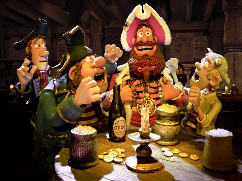 Pirate with Scarf voiced by Martin Freeman, Pirate with Gout voiced by Brendan Gleeson, Pirate Captain voiced by Hugh Grant and Albino Pirate voiced by Russell Tovey in "Pirates! Band of Misfits."