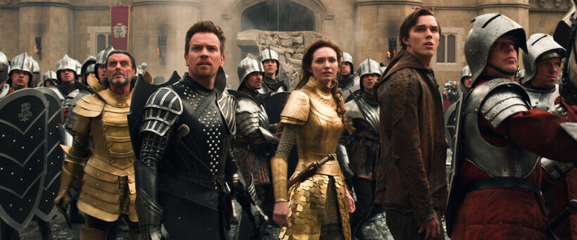 Ian McShane as King Brahmwell, Ewan McGregor as Elmont, Eleanor Tomlinson as Isabelle and Nicholas Hoult as Jack in "Jack The Giant Slayer."