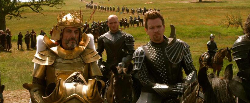 Ian McShane as King Brahmwell, Mingus Johnston as Bald and Ewan McGregor as Elmont in "Jack The Giant Slayer."