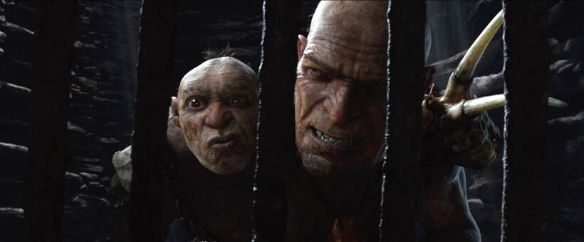 John Kassir as General Fallon's Small Head and Bill Nighy as General Fallon in "Jack The Giant Slayer."