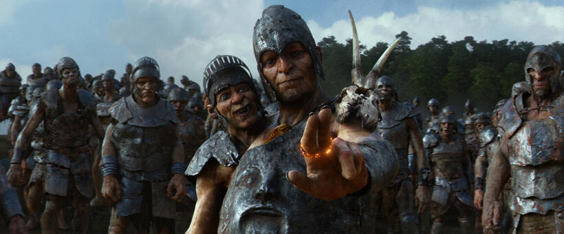 John Kassir as General Fallon's Small Head and Bill Nighy as General Fallon in "Jack The Giant Slayer."