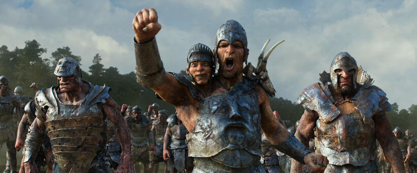 John Kassir as General Fallon's Small Head and Bill Nighy as General Fallon in "Jack The Giant Slayer."