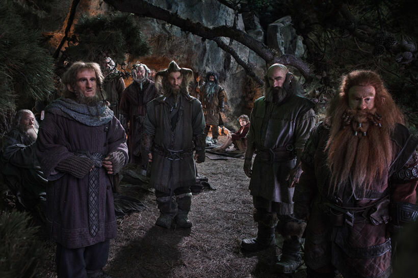 Ian McKellen as Gandalf, Adam Brown as Ori, John Callen as Oin, Mark Hadlow as Dori, Jed Brophy as Nori, Aidan Turner as Kili, William Kircher as Bifur, Martin Freeman as Bilbo Baggins, Graham McTavish as Dwalin and Peter Hambleton as Gloin in "The Hobbit: An Unexpected Journey."