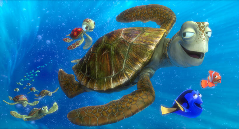 Squirt, Crush, Dory and Marlin in "Finding Nemo 3D."