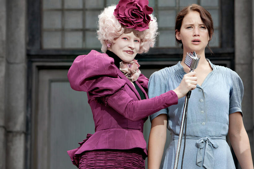 Elizabeth Banks as Effie Trinket and Jennifer Lawrence as Katniss Everdeen in "The Hunger Games."