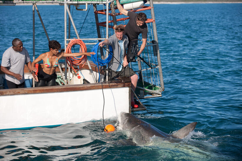 Sizwe Msutu, Halle Berry, Mark Elderkin and Oliver Martinez on the set of "Dark Tide."