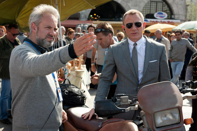 Director Sam Mendes and Daniel Craig on the set of "Skyfall."