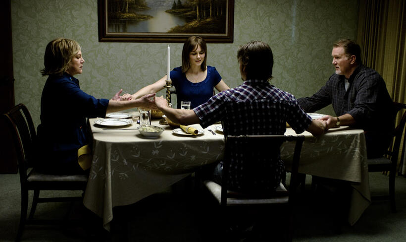 Kathleen Turner as Eileen Cleary, Emily Deschanel as Shannon Cleary, Micheal McGrady as Frank Cleary and Jason Ritter as Frank Cleary Jr. in "The Perfect Family."
