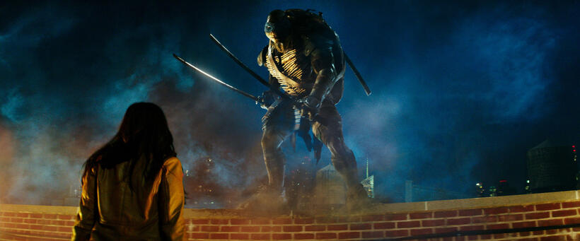 April O'Neil and Leonardo in "Teenage Mutant Ninja Turtles."