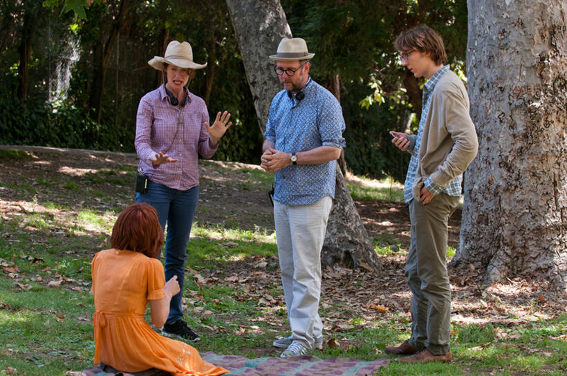 Zoe Kazan, director Valerie Faris, director Jonathan Dayton and Paul Dano on the set of "Ruby Sparks."