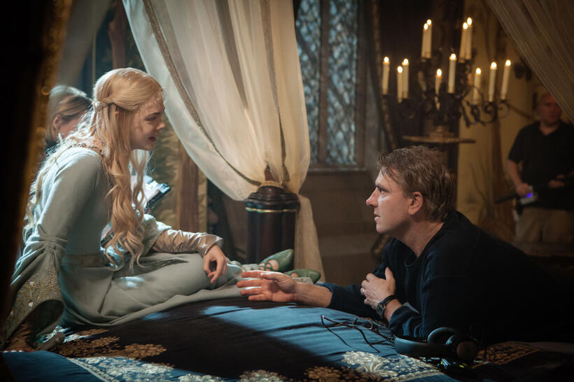 Elle Fanning and director Robert Stromberg on the set of "Maleficent."