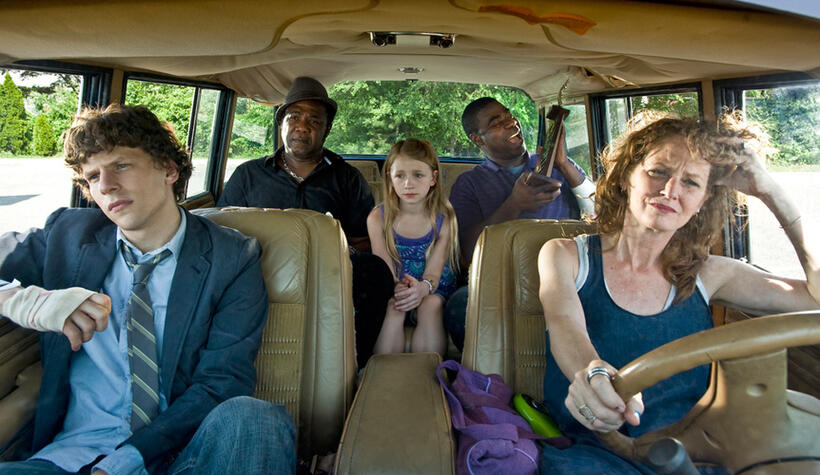 Jesse Eisenberg as Eli, Melissa Leo as Penny, Tracy Morgan as Sprinkles, Isiah Whitlock Jr. as Black and Emma Rayne Lyle as Nicole in "Why Stop Now."