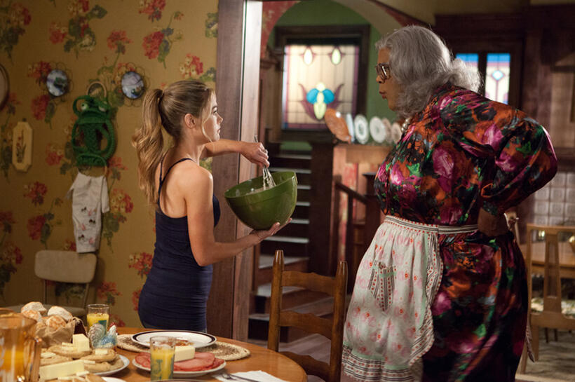 Denise Richards as Kate Needleman and Tyler Perry as Madea in "Tyler Perry's Madea's Witness Protection."