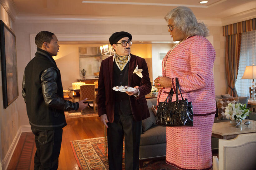 Romeo Miller as Jake,  Eugene Levy as George Needleman and Tyler Perry as Madea in "Tyler Perry's Madea's Witness Protection."