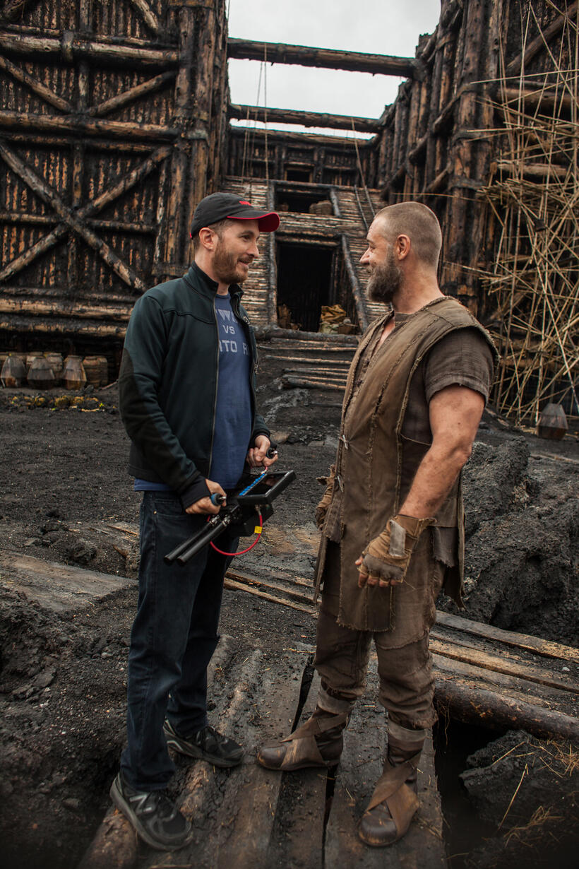 Director Darren Aronofsky and Russell Crowe on the set of "Noah."