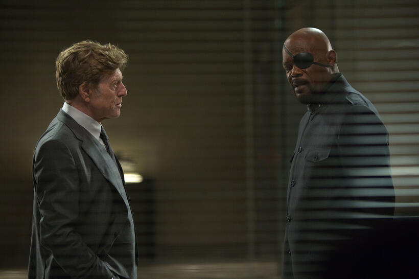 Robert Redford as Alexander Pierce and Samuel L. Jackson as Nick Fury in "Captain America: The Winter Soldier."