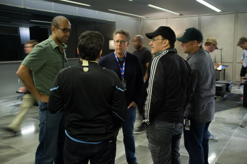 Producer Nate Moore, director Joe Russo and director Anthony Russo on the set of "Captain America: The Winter Soldier."