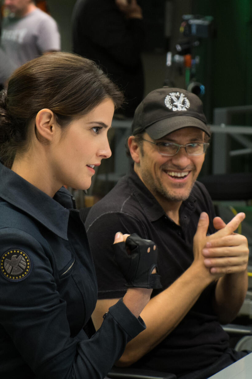 Cobie Smulders and director Anthony Russo on the set of "Captain America: The Winter Soldier."