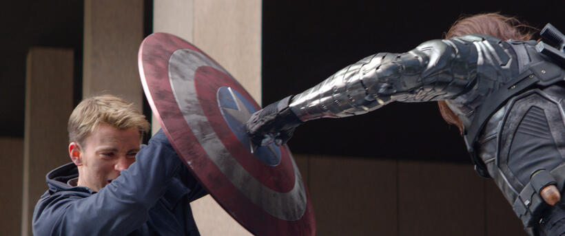 Chris Evans as Captain America and Sebastian Stan as Winter Soldier in "Captain America: The Winter Soldier."