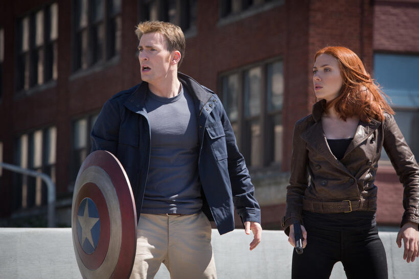 Chris Evans as Captain America and Scarlett Johansson as Black Widow in "Captain America: The Winter Soldier."