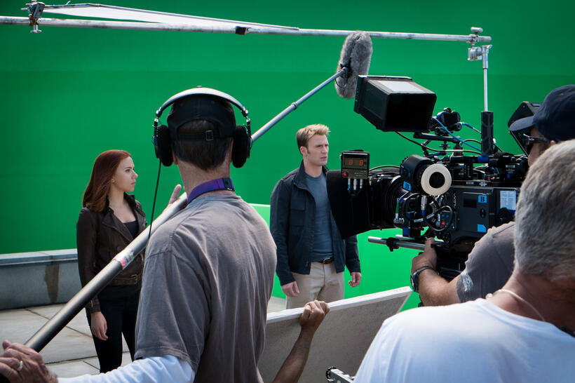 Scarlett Johansson and Chris Evans on the set of "Captain America: The Winter Soldier."