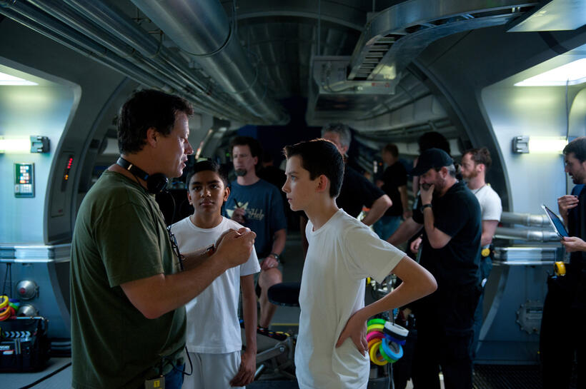 Director Gavin Hood, Suraj Partha and Asa Butterfield on the set of "Ender's Game."