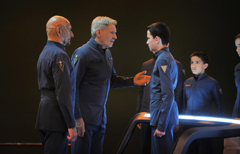 Ben Kingsley, Harrison Ford, Asa Butterfield and Aramis Knight in "Ender's Game."
