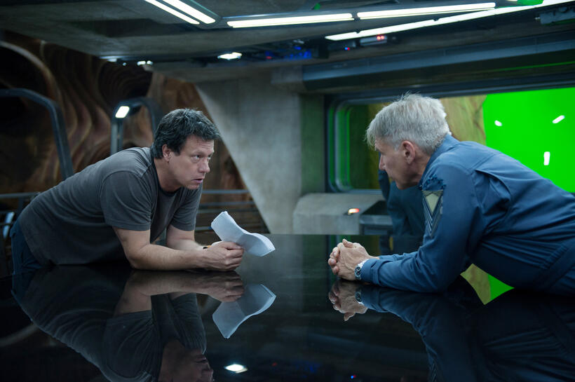 Director Gavin Hood and Harrison Ford on the set of "Ender's Game."