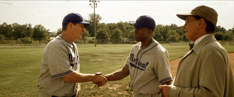 Brett Cullen as Clay Hopper, Chadwick Boseman as Jackie Robinson and Harrison Ford as Branch Rickey in "42."
