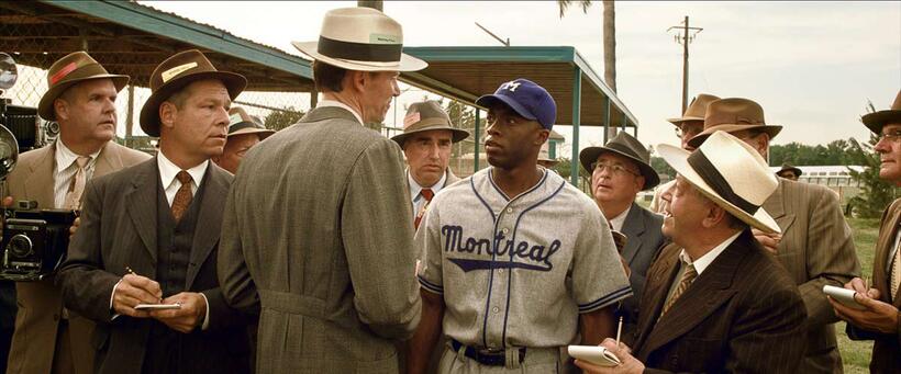 Chadwick Boseman as Jackie Robinson in "42."