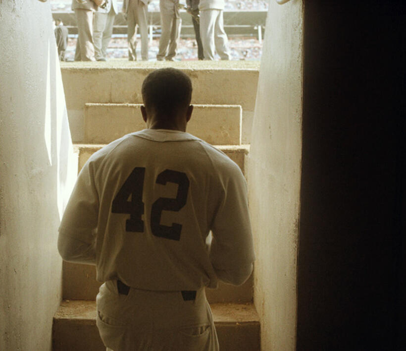 Chadwick Boseman as Jackie Robinson in "42."