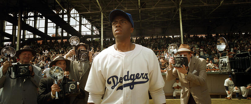 Chadwick Boseman as Jackie Robinson in "42."