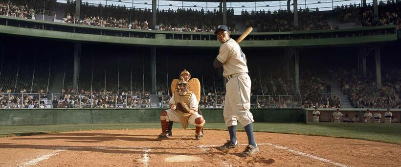 Chadwick Boseman as Jackie Robinson in "42."