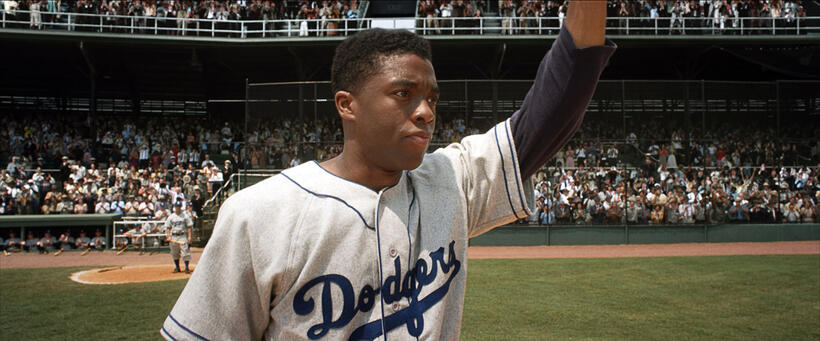 Chadwick Boseman as Jackie Robinson in "42."
