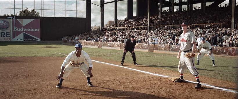 Chadwick Boseman as Jackie Robinson in "42."