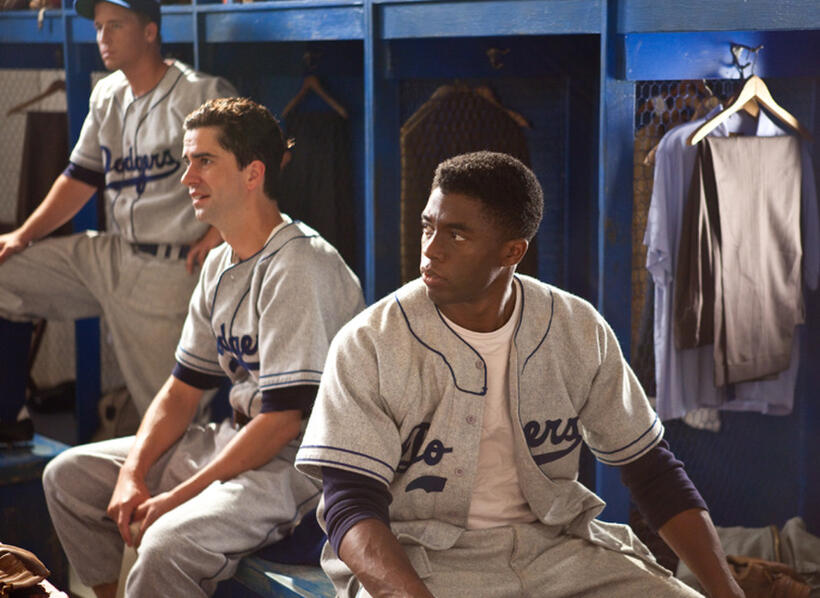 Blake Sanders as Gene Hermanski, Hamish Linklater as Ralph Branca and Chadwick Boseman as Jackie Robinson in "42."