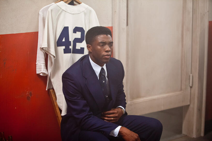 Chadwick Boseman as Jackie Robinson in "42."