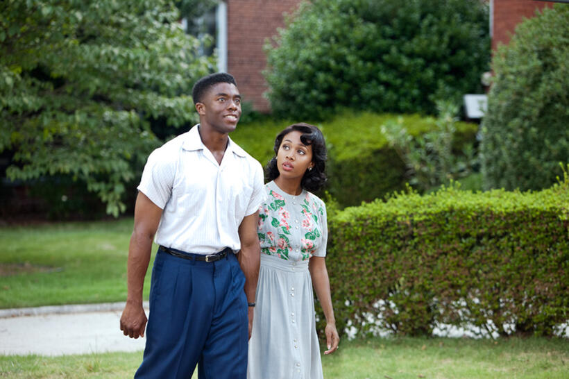 Chadwick Boseman as Jackie Robinson and Nicole Beharie as Rachel Robinson in "42."