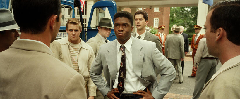 Chadwick Boseman as Jackie Robinson, Hamish Linklater as Ralph Branca and Lucas Black as Pee Wee Reese in "42."