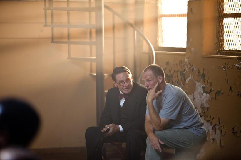 Harrison Ford and director Brian Helgeland on the set of "42."