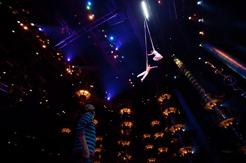 Director Andrew Adamson, Igor Zaripov and Erica Linz on the set of "Cirque du Soleil: Worlds Away."