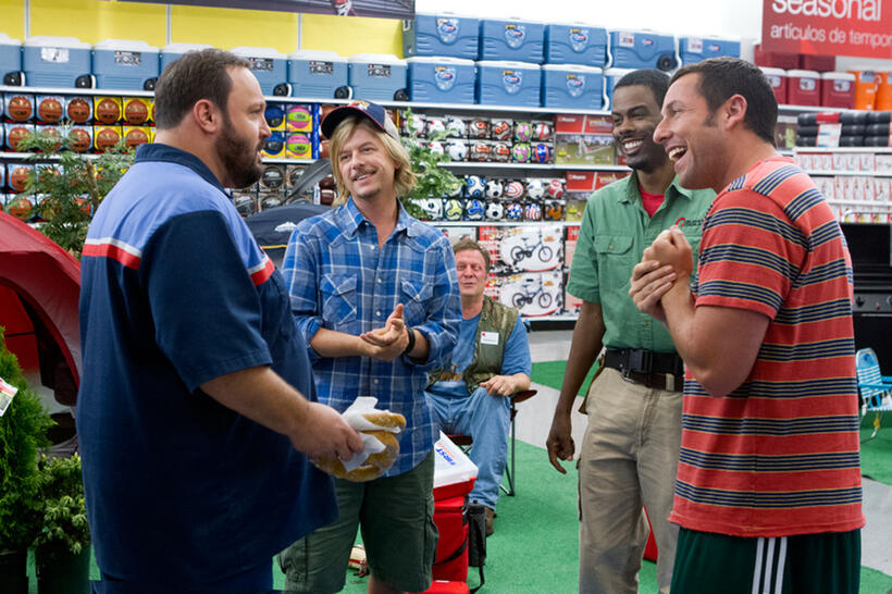 Kevin James as Eric Lamonsoff, David Spade as Marcus Higgins, Jonathan Loughran as Robideaux ,Chris Rock as Kurt McKenzi and Adam Sandler as Lenny Feder in "Grown Ups 2."