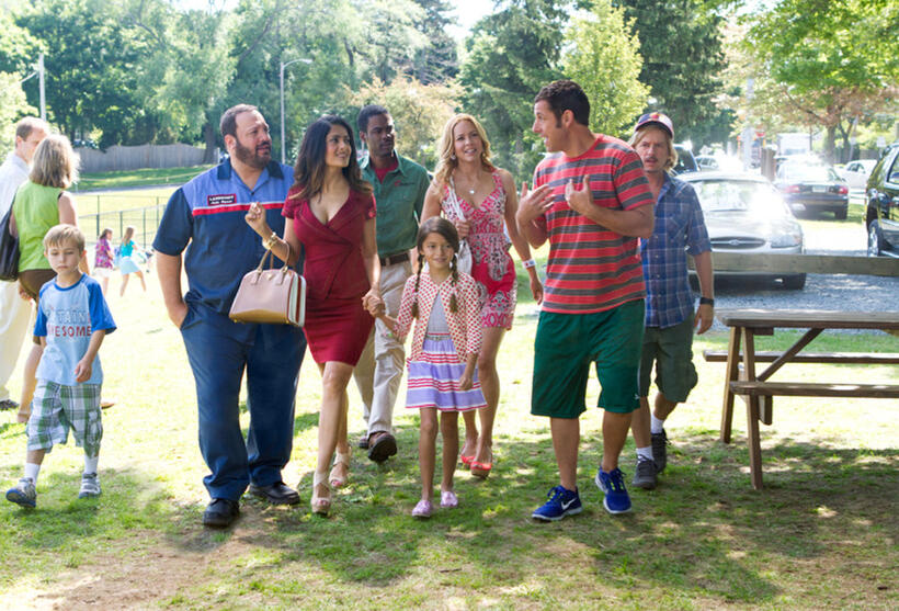 Frank/Morgan Gingerich as Bean Lamonsoff, Kevin James as Eric Lamonsoff, Salma Hayek as Roxanne Feder, Chris Rock as Kurt McKenzie, Alexys Nycole Sanchez as Becky Feder, Maria Bello as Sally Lamonsoff, Adam Sandler as Lenny Feder and David Spade as Marcus Higgins in "Grown Ups 2."